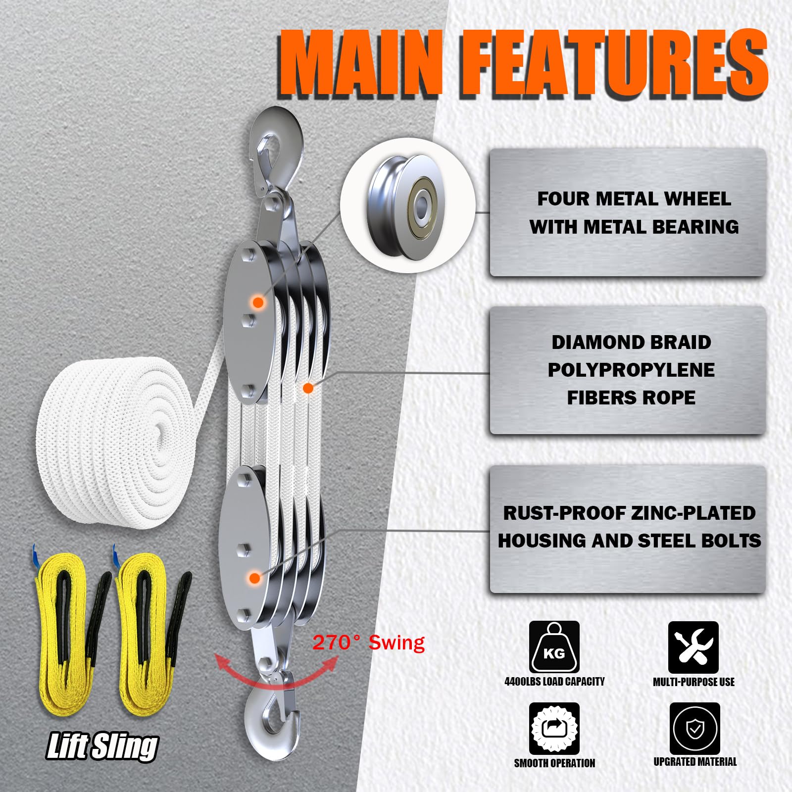 YATOINTO 8:1 pulley block enables smooth, powerful lifting without electric power.