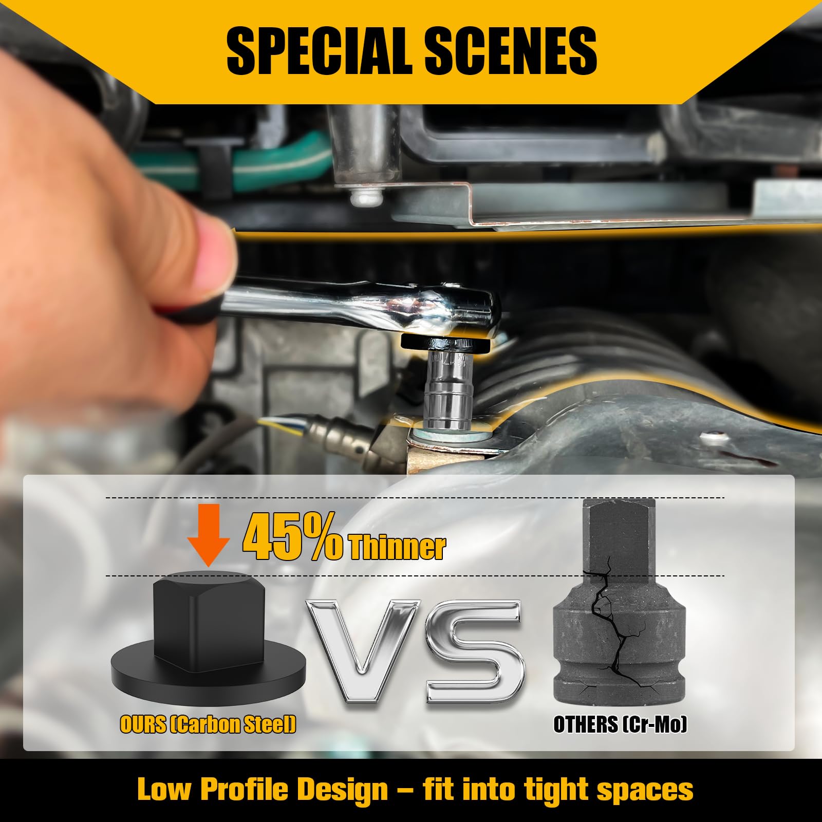 YATOINTO low-profile socket adapter 3/4 to 1 extends reach for heavy-duty tasks.