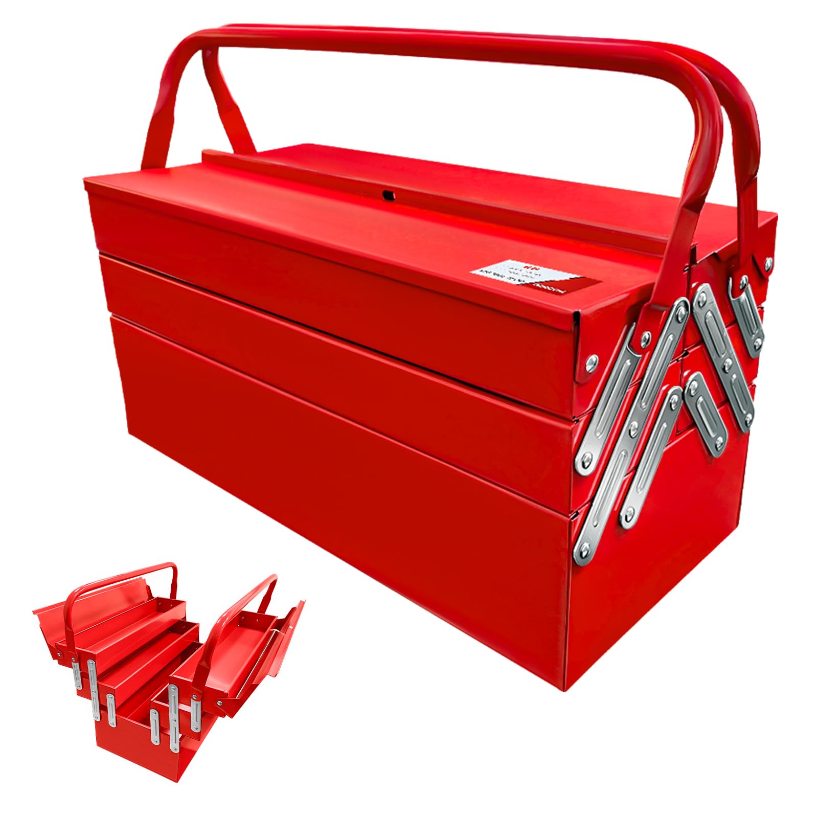 YATOINTO metal cantilever tool box front view highlights sturdy construction for heavy-use storage.