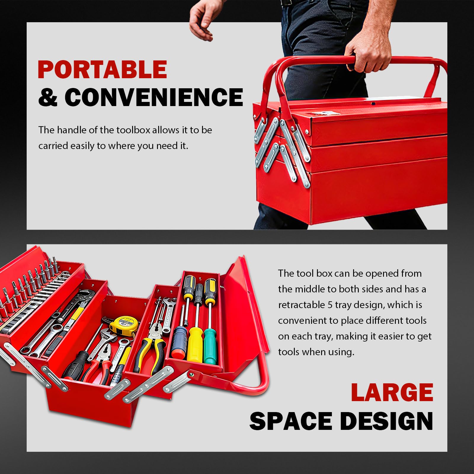YATOINTO metal cantilever tool box handle extended for comfortable carrying.