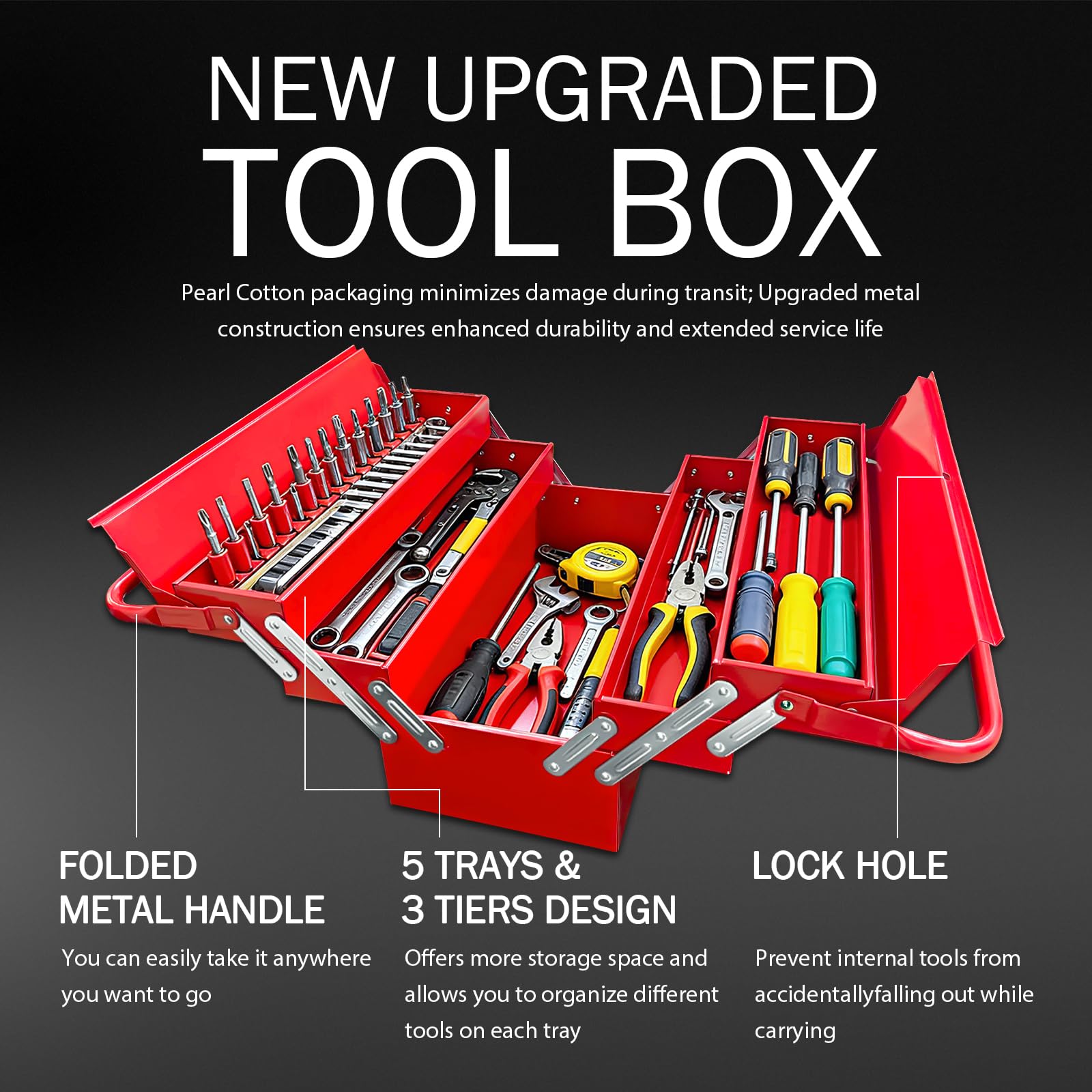 YATOINTO metal cantilever tool box top trays open demonstrates easy access to tools.