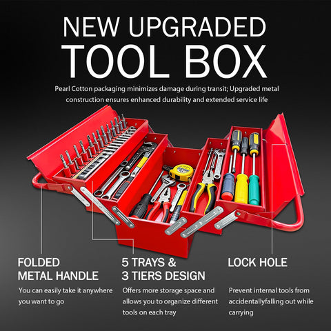 YATOINTO metal cantilever tool box top trays open demonstrates easy access to tools.