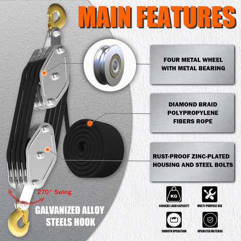 YATOINTO pulley block 8:1 ratio improves lifting efficiency