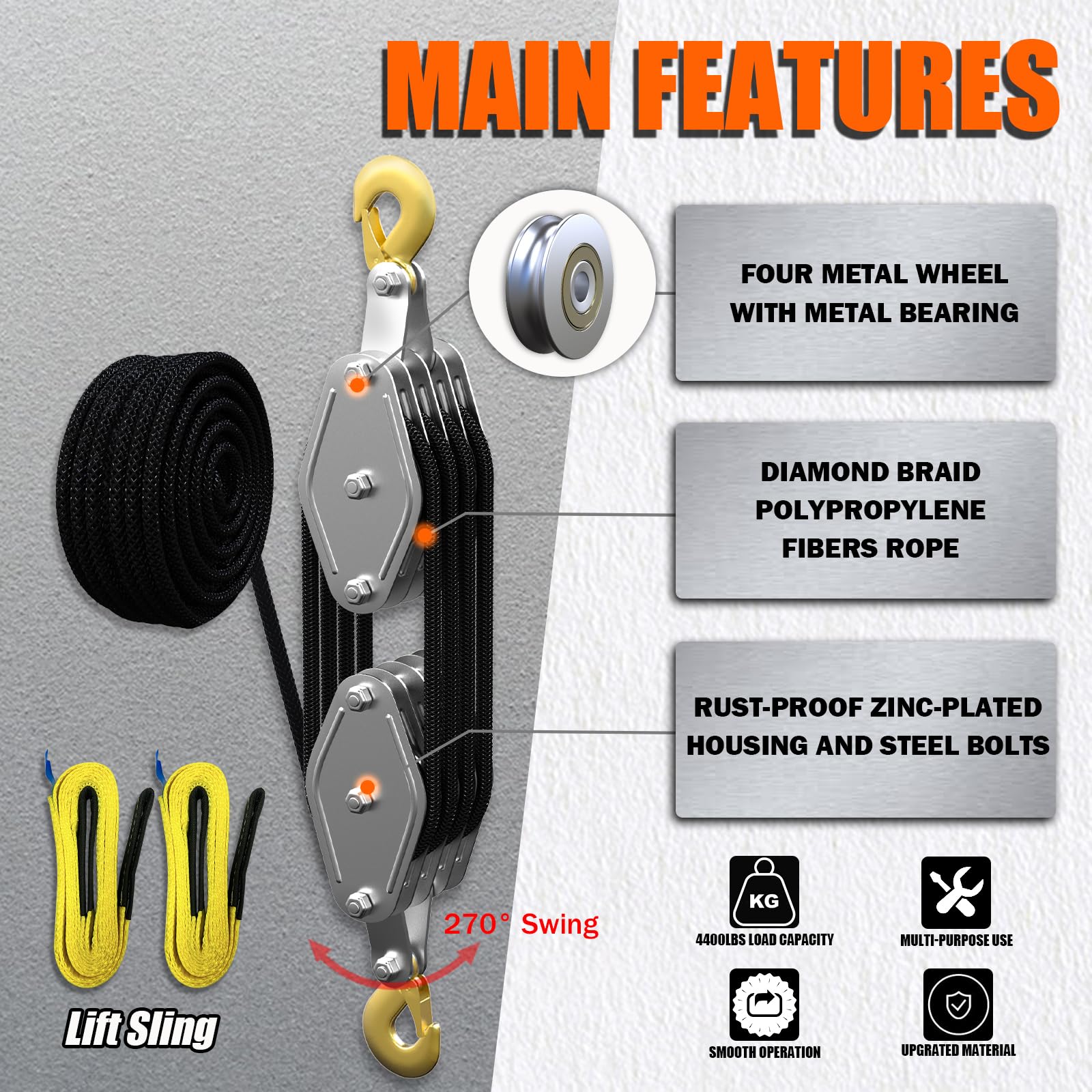 YATOINTO pulley block and tackle demonstrating 8to1 lifting power.