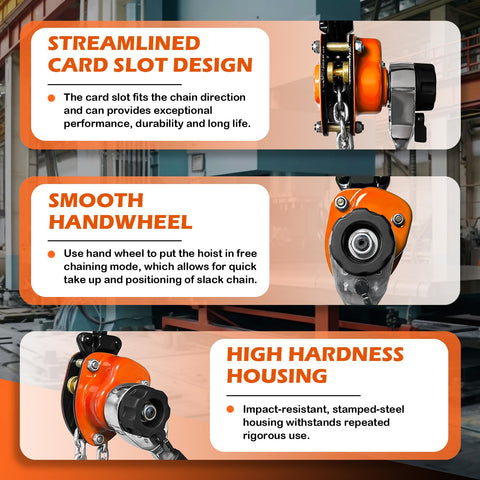 360-degree safety hook and double pawl brake shown for stability