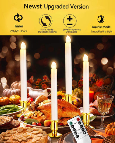 YAUNGEL remote control closeup over candles showing timer and brightness settings.