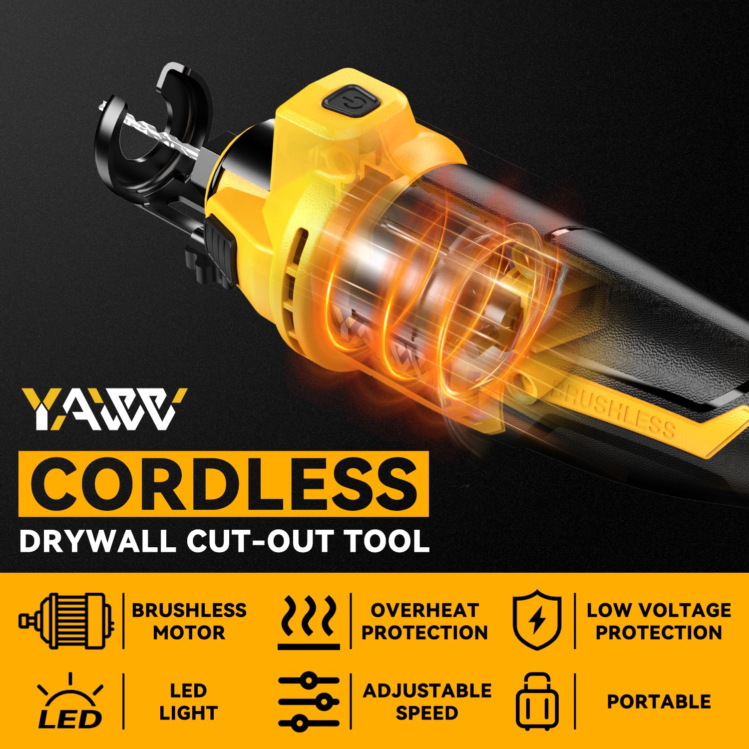 YAWV brushless rotary saw at 30000rpm delivering robust power for fast drywall work.