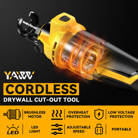 YAWV brushless rotary saw at 30000rpm delivering robust power for fast drywall work.