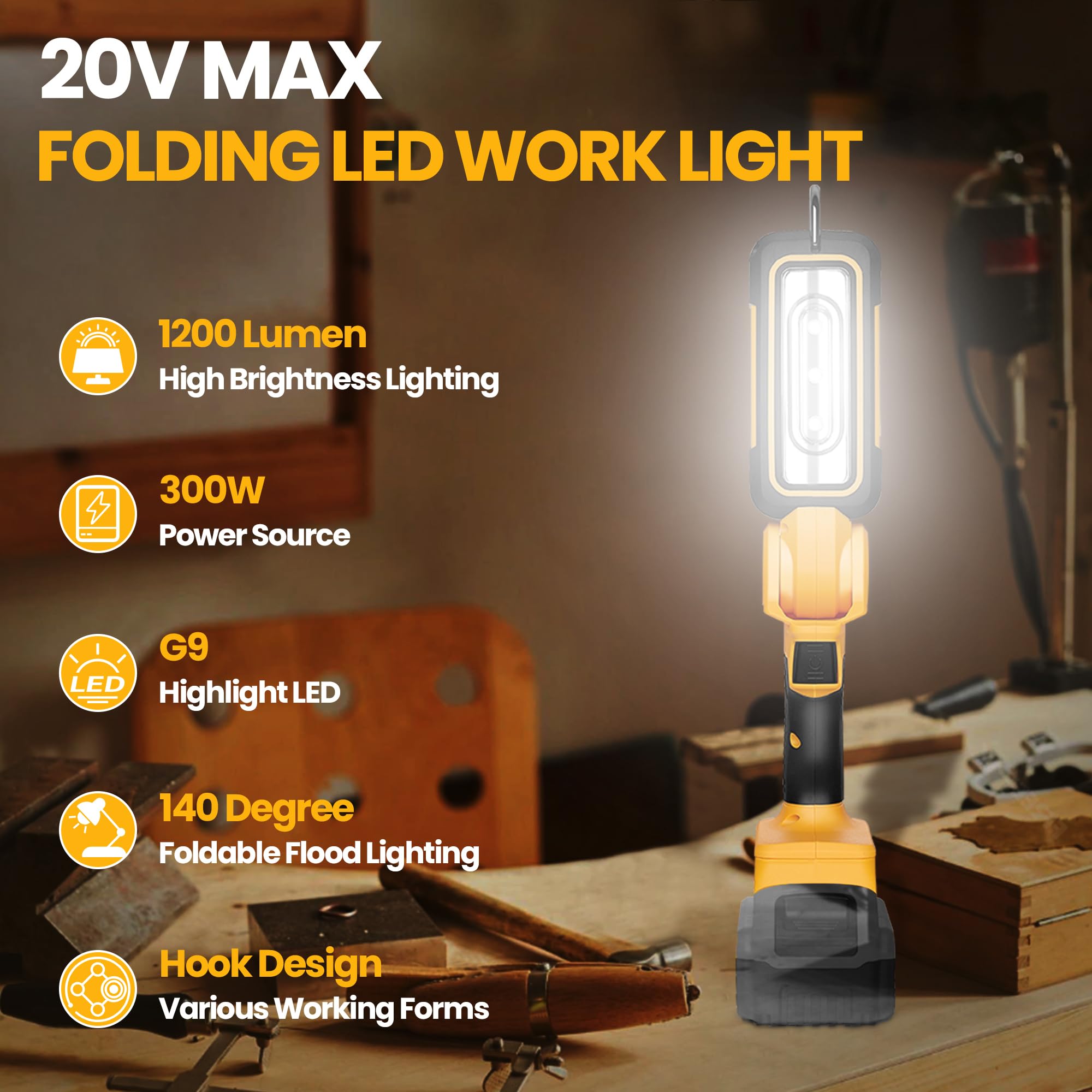 YAWV 1000-lumen LED work light side-lit for versatile, bright workshop illumination.