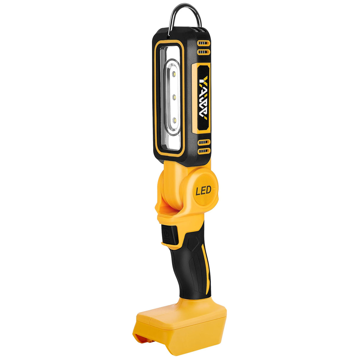 YAWV cordless LED work light in front view, compatible with DeWalt 20V MAX batteries for shop tasks.