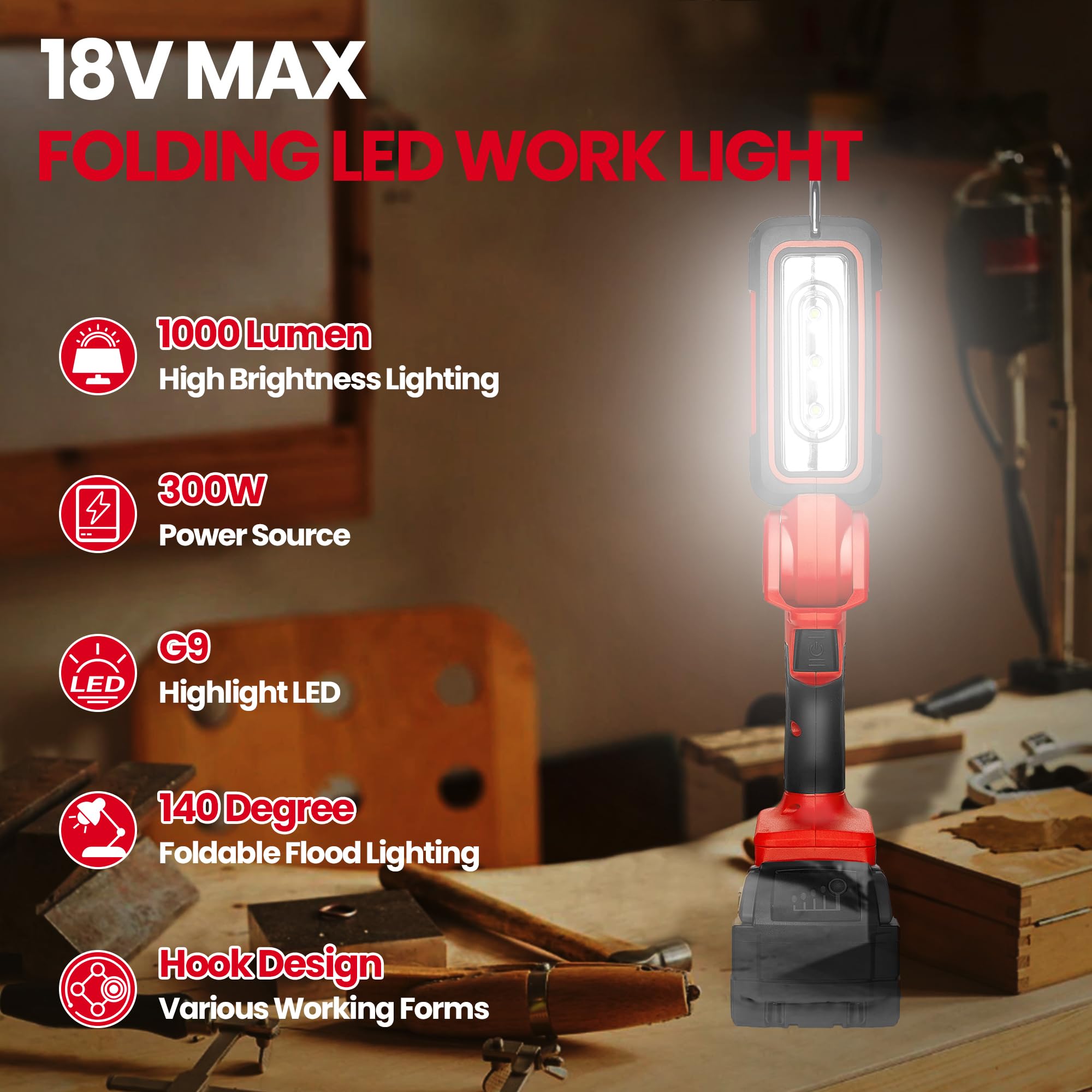 YAWV LED work light delivering 1000 lumens for clear workshop illumination.