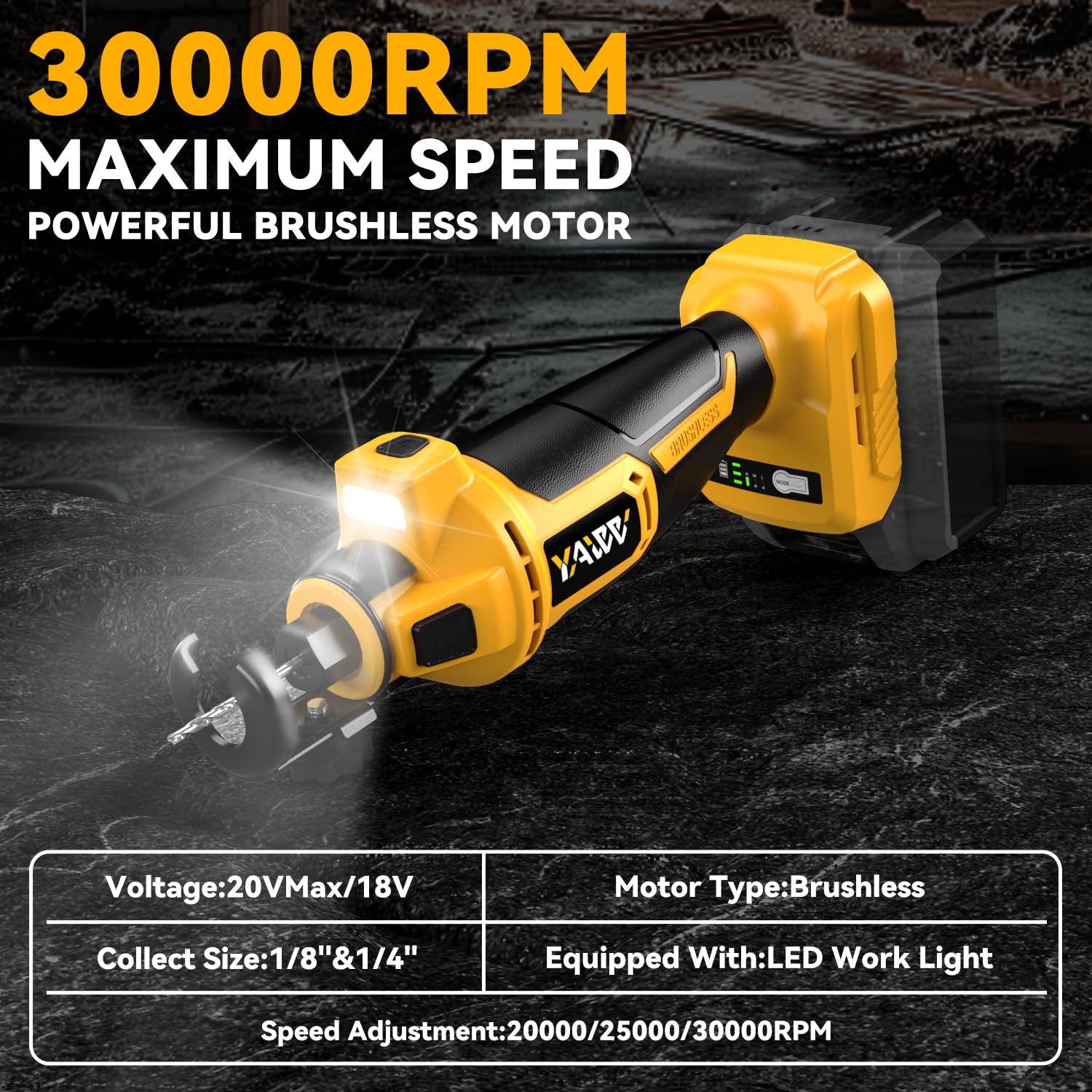 YAWV built-in LED light improves visibility in dim job sites while cutting drywall.