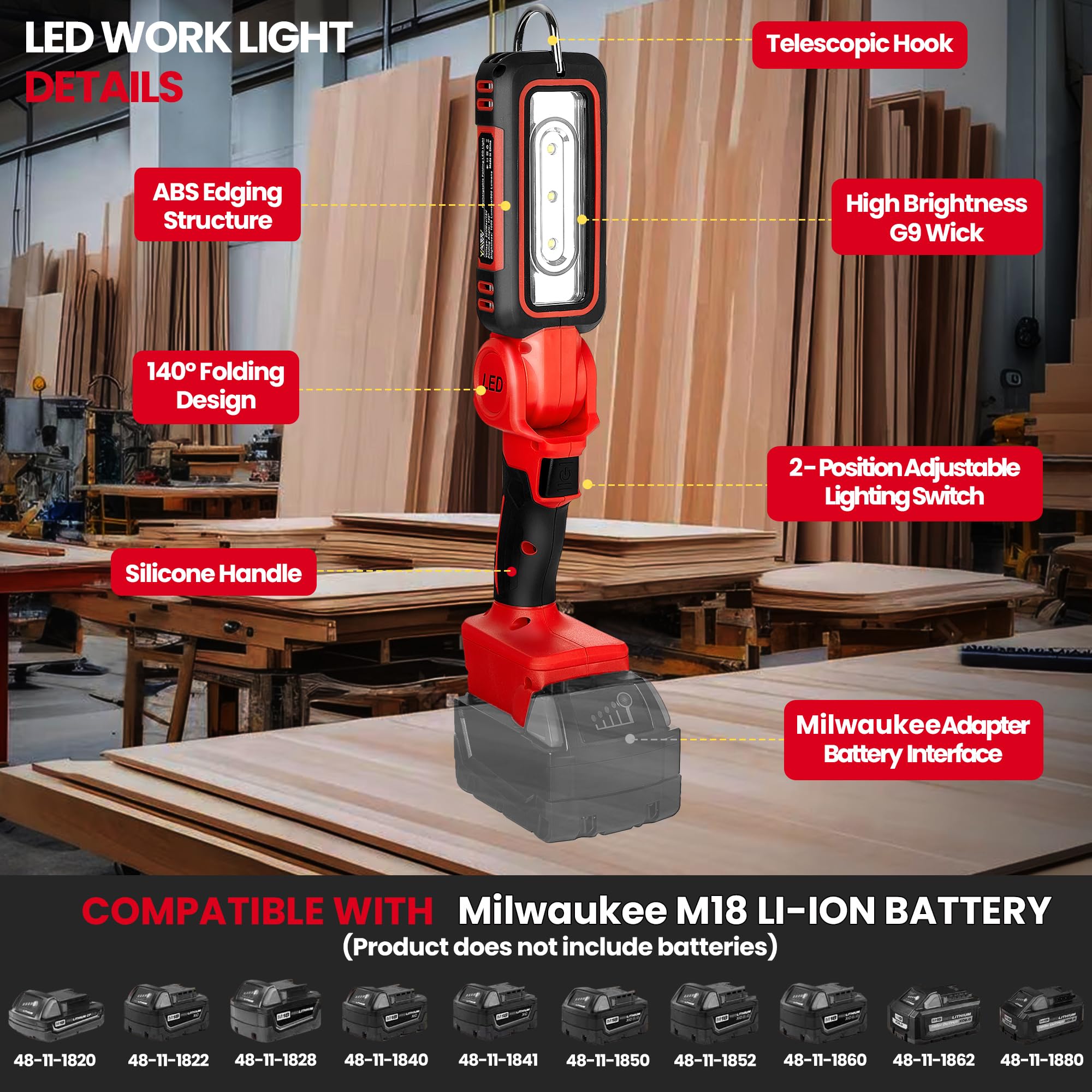 YAWV work light with two brightness levels for flexible task lighting.