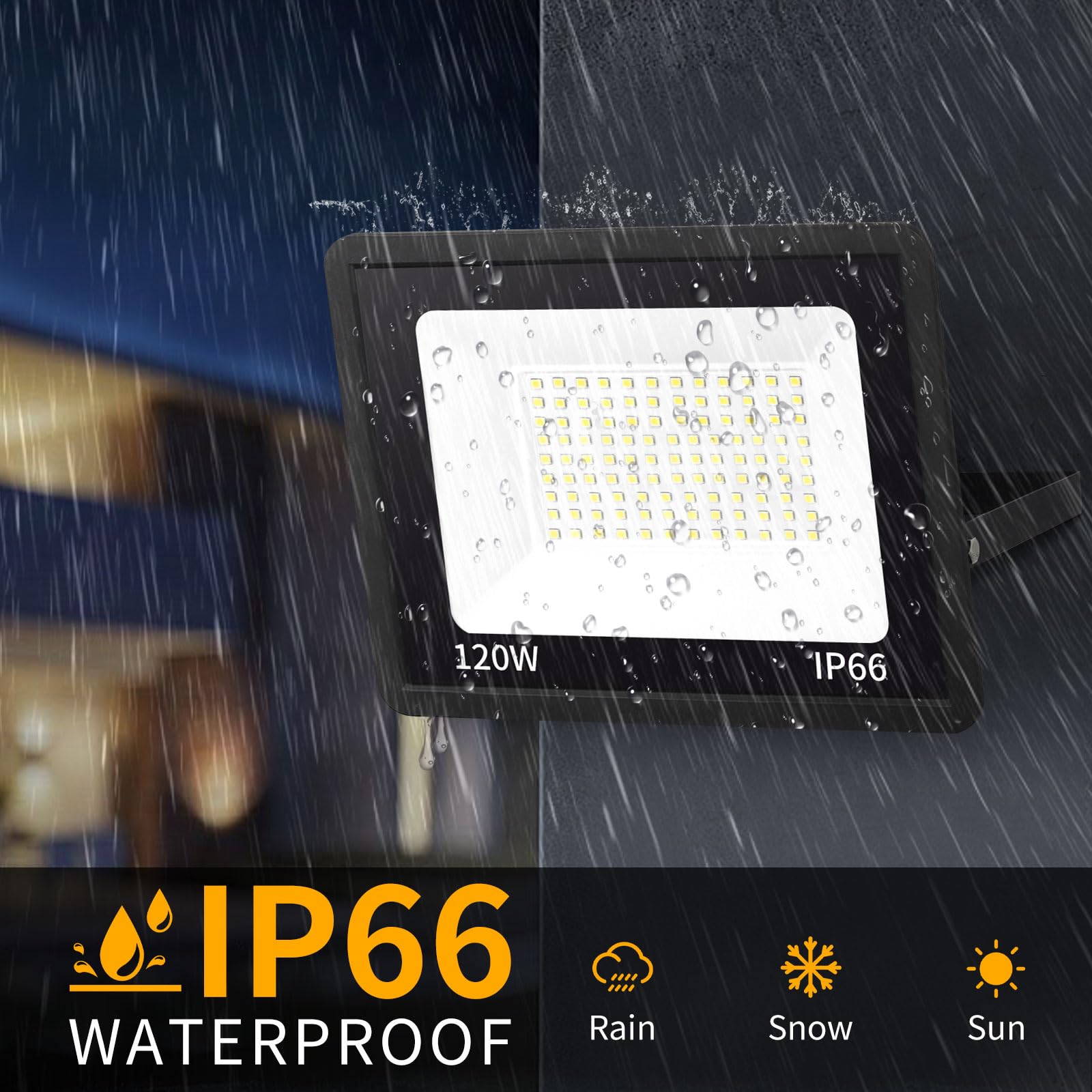 YAYIT IP66 waterproof exterior flood light withstands rain and snow.