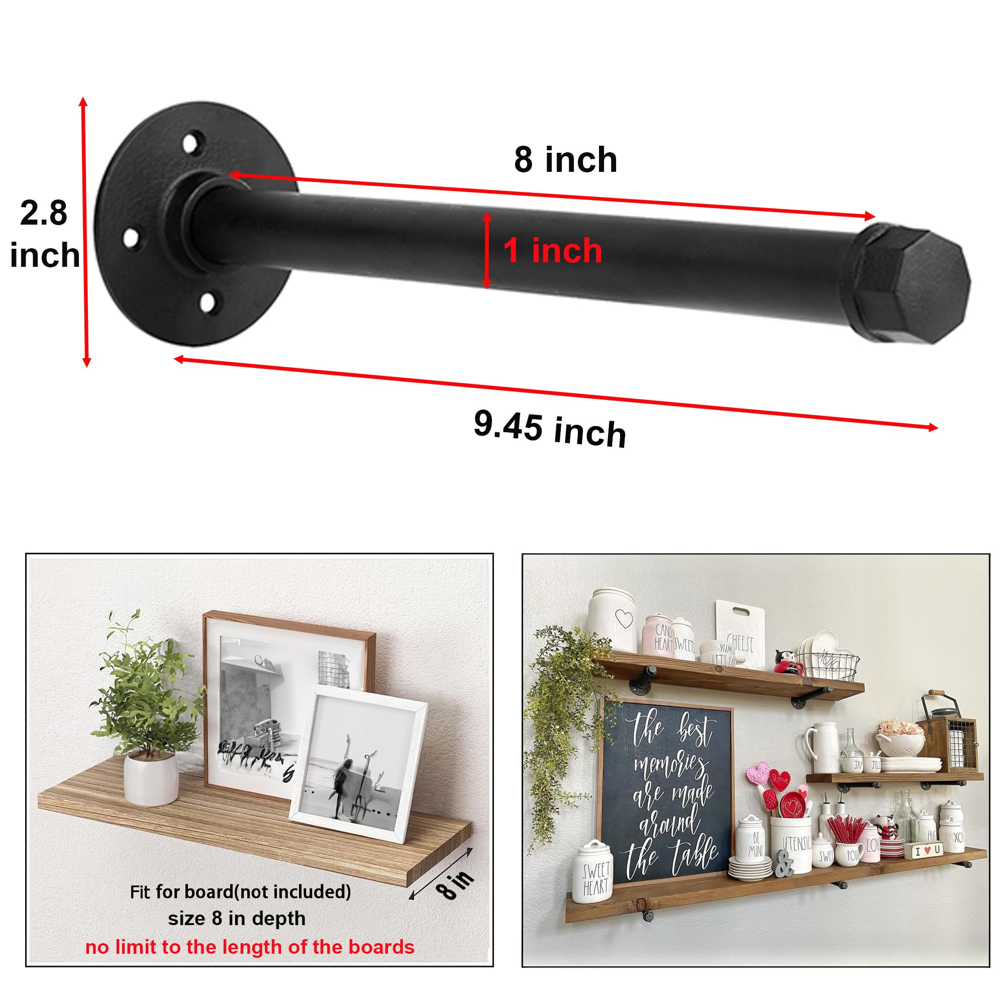YCCO eight inch pipe brackets for DIY shelving, reliable support