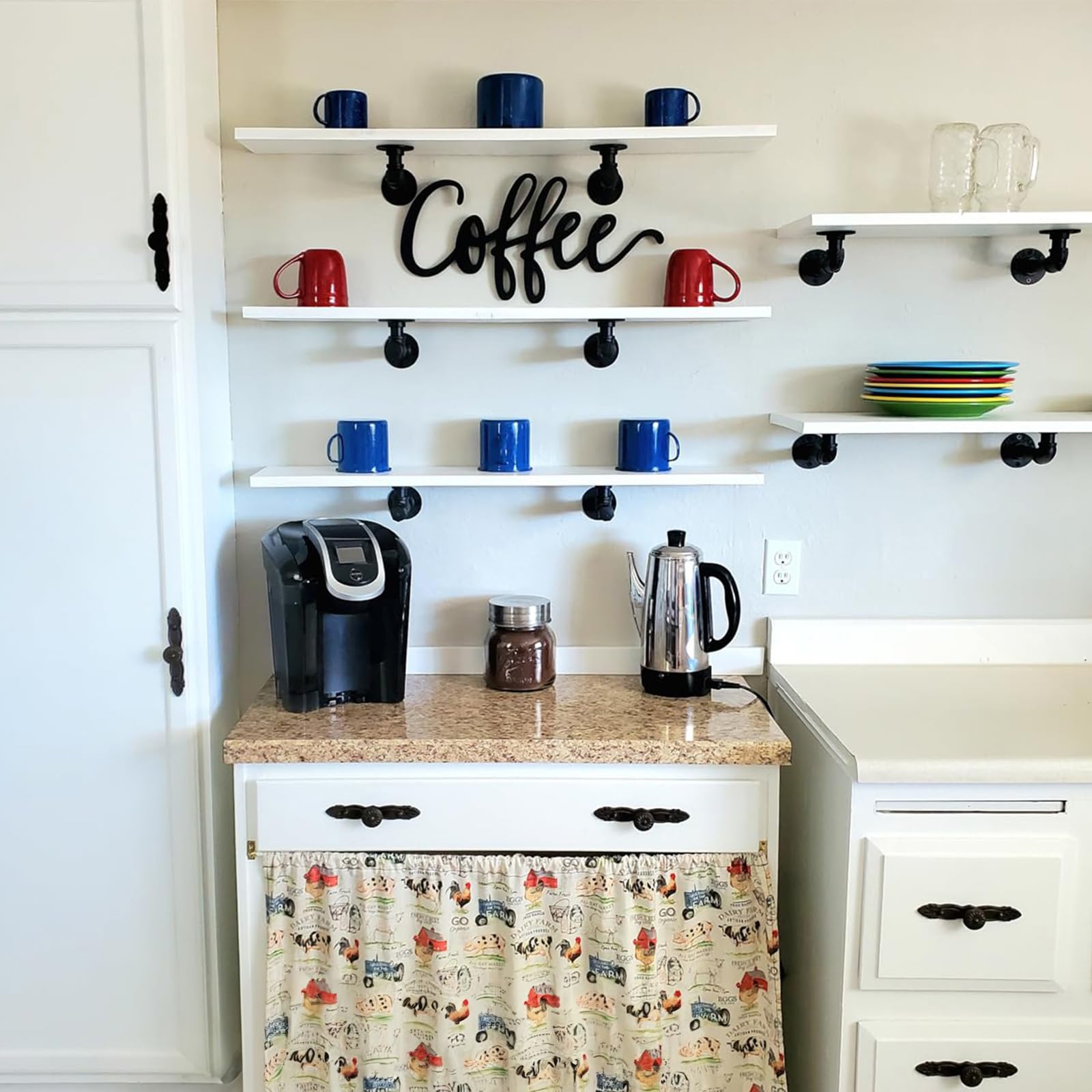 YCCO wall-mount brackets for wood shelves, adding rustic industrial flair