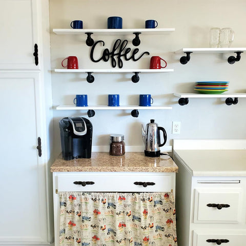 YCCO wall-mount brackets for wood shelves, adding rustic industrial flair