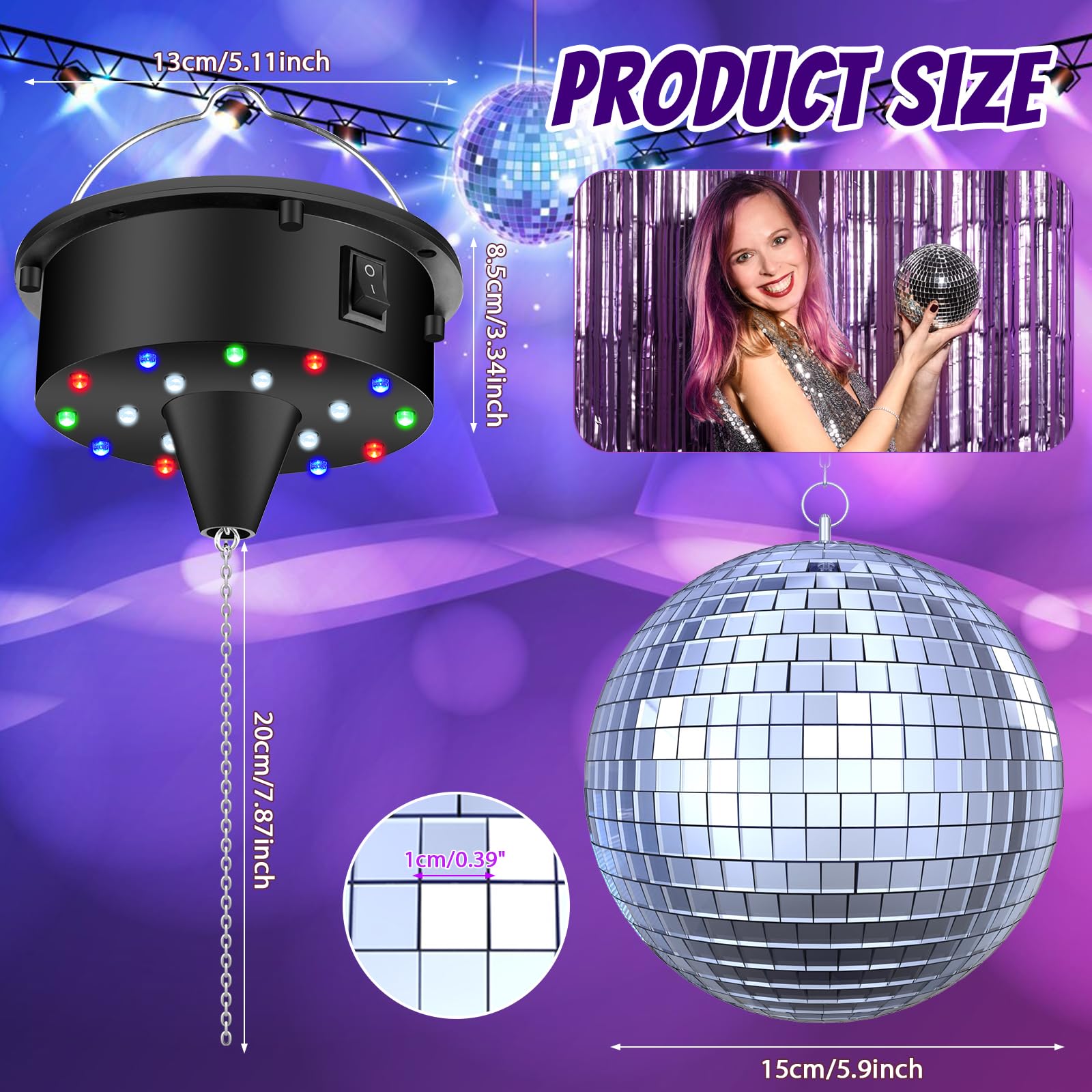 YCCOKJJ disco ball with 18 LED beads creating vivid color options.