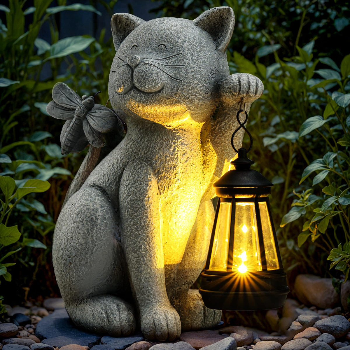 YDKOJGW solar cat lantern statue glows softly at night, adding charm and energy efficiency.