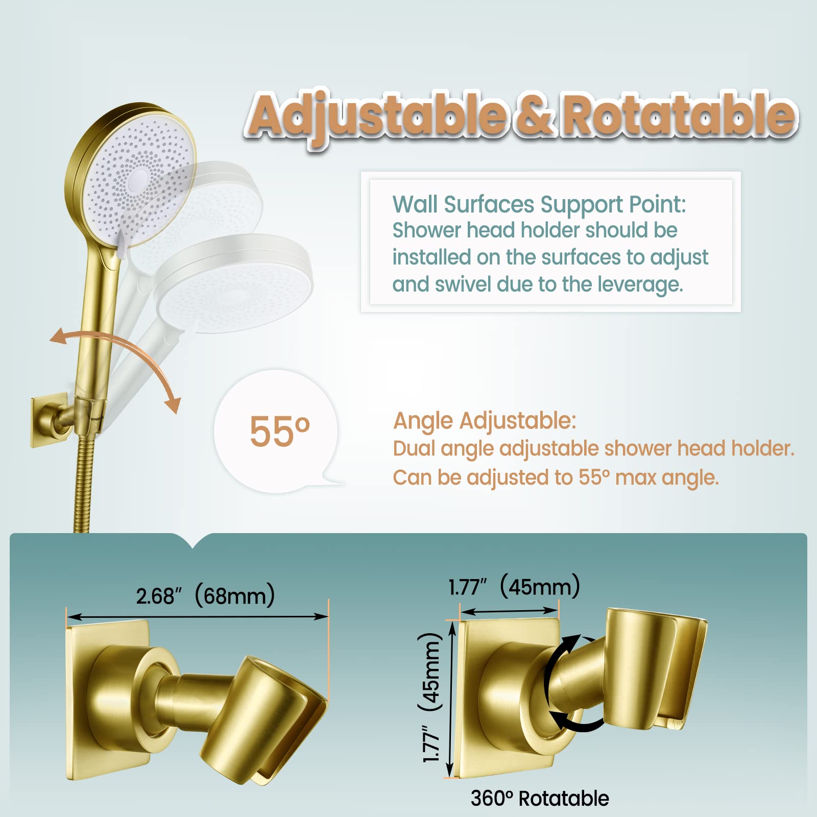 YDmeet 360-degree rotation brass holder allows easy shower head aiming