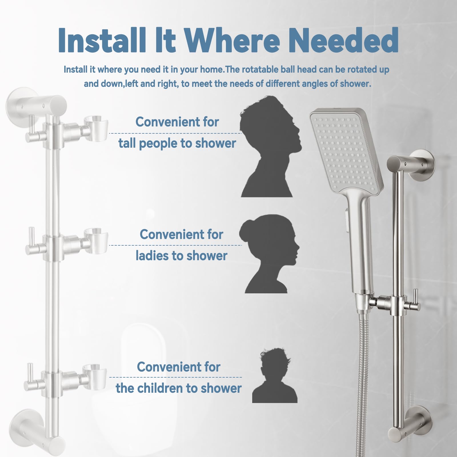 YDmeet adjustable handheld shower head holder for flexible rinsing angles.