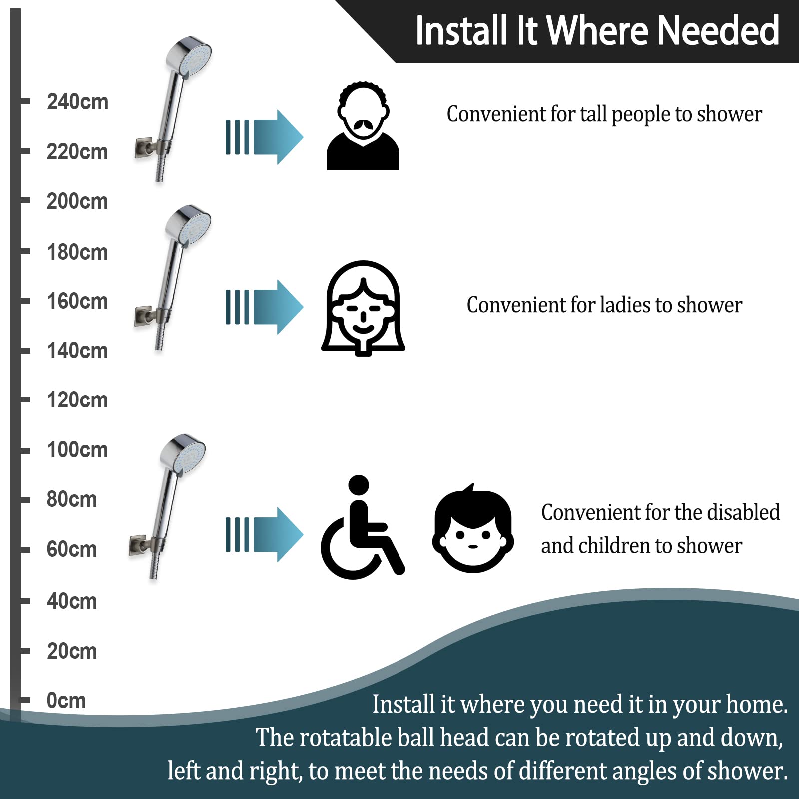 YDmeet black brass shower head holder adds durable, rust-resistant style.