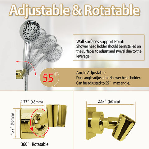 YDmeet brass wall mount showing tilt up to 55 degrees for comfortable use
