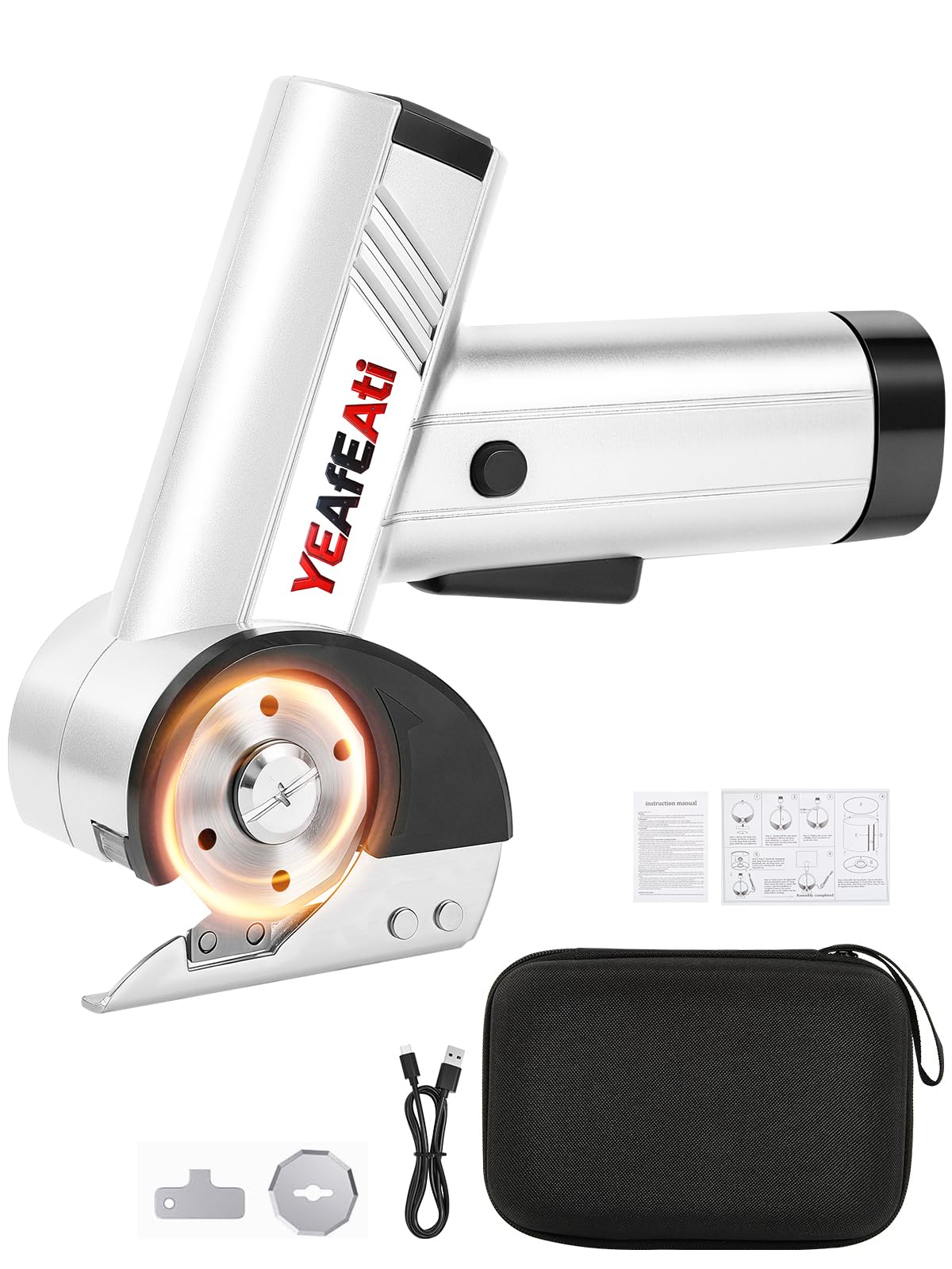 YEAfEAti cordless electric scissors with smart display for precise fabric cuts.