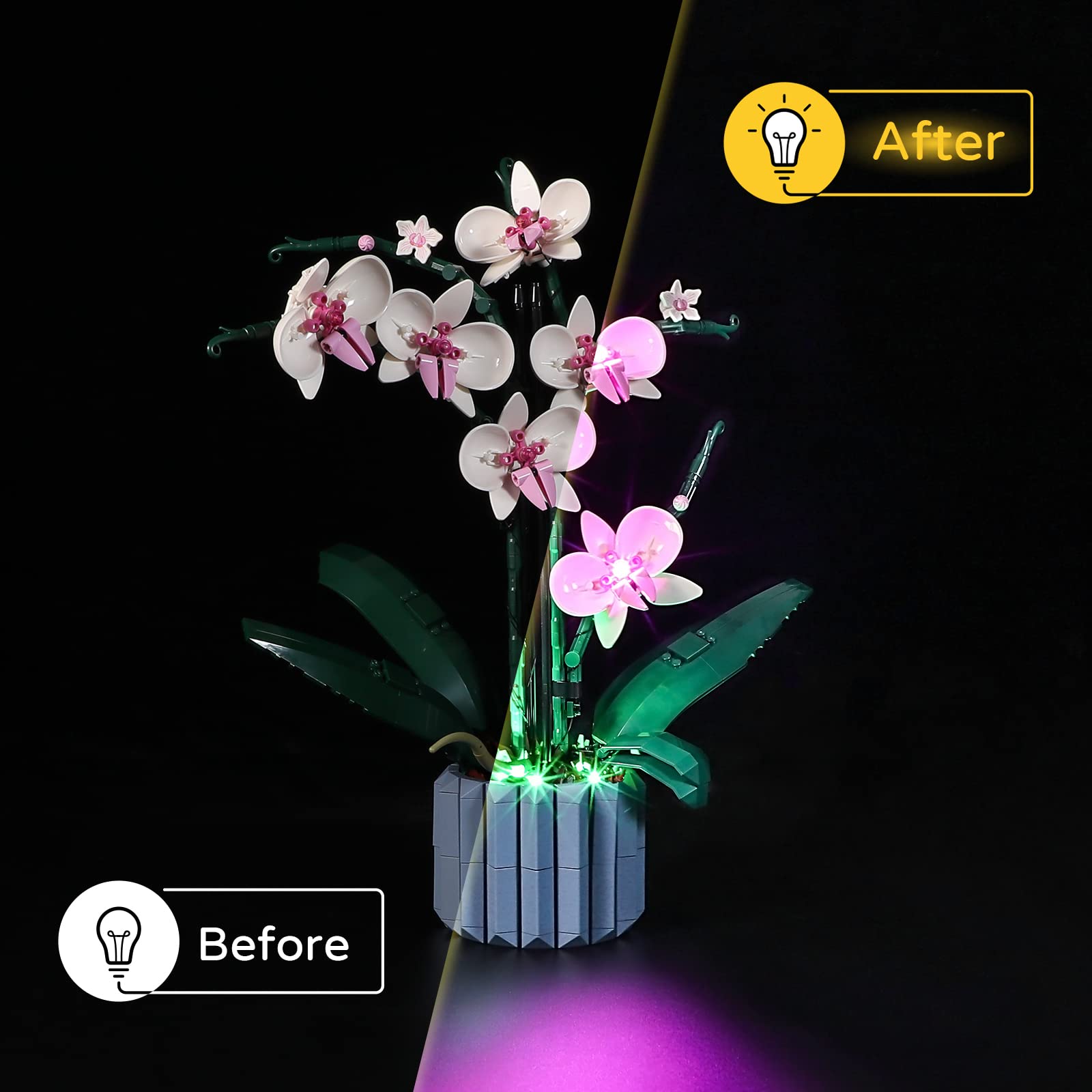 YEABRICKS orchid LED kit display on shelf enhances room decor.