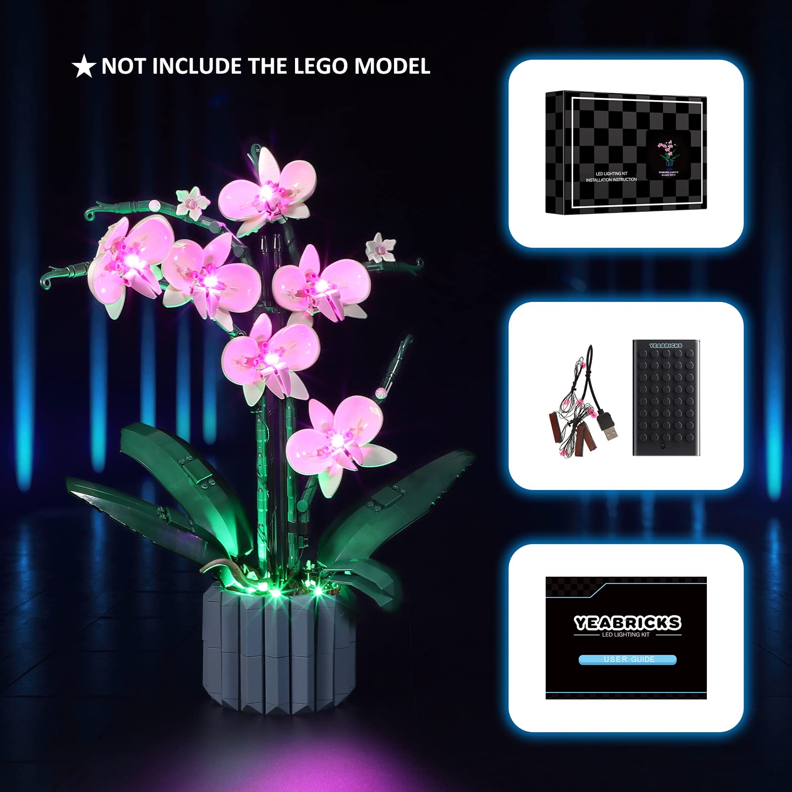 YEABRICKS orchid LED kit instruction page illustrates simple setup.