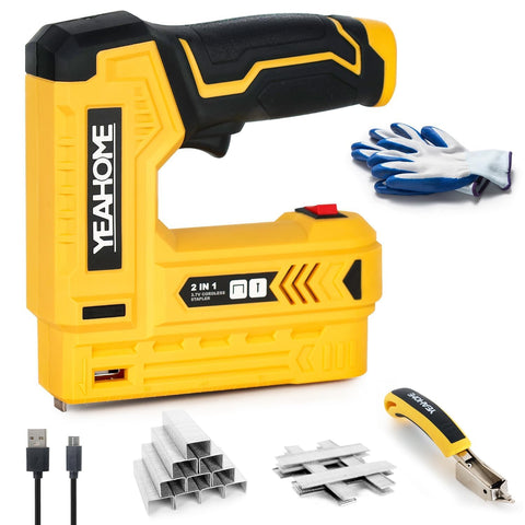 Yeahome 2-in-1 electric staple gun in use for upholstery and light woodwork.