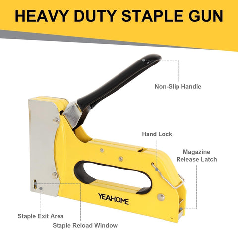 YEAHOME T50 staple gun loaded with staples showing quick-release magazine