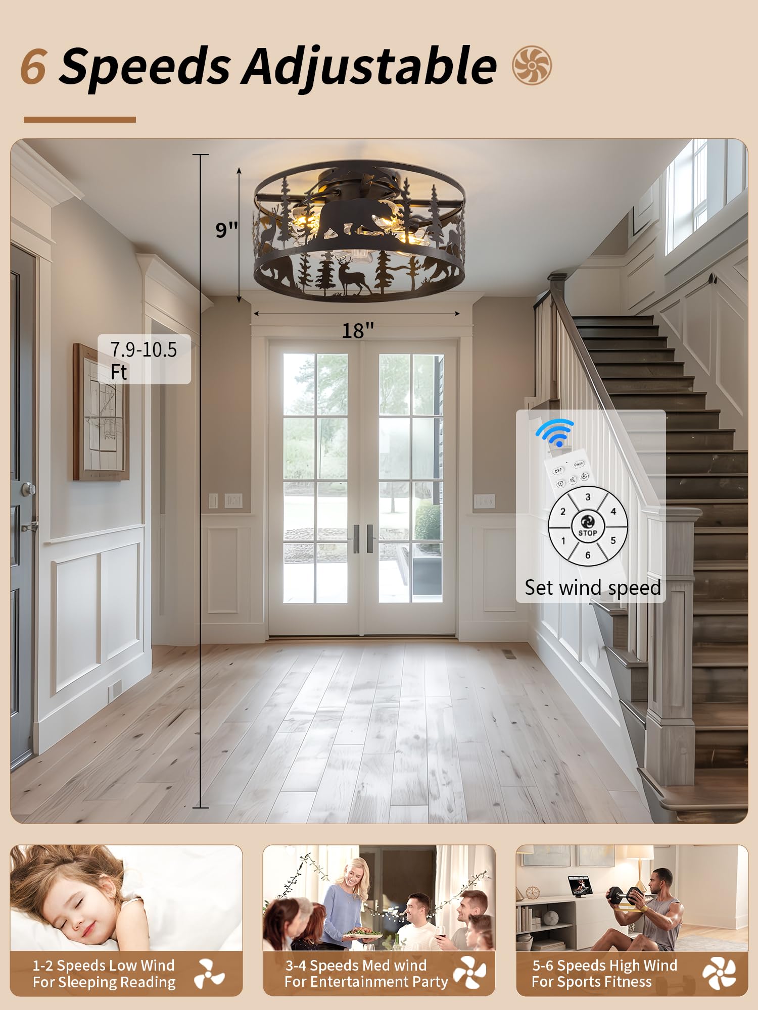 YEDAORL energy-saving timer feature on rustic fan with lights