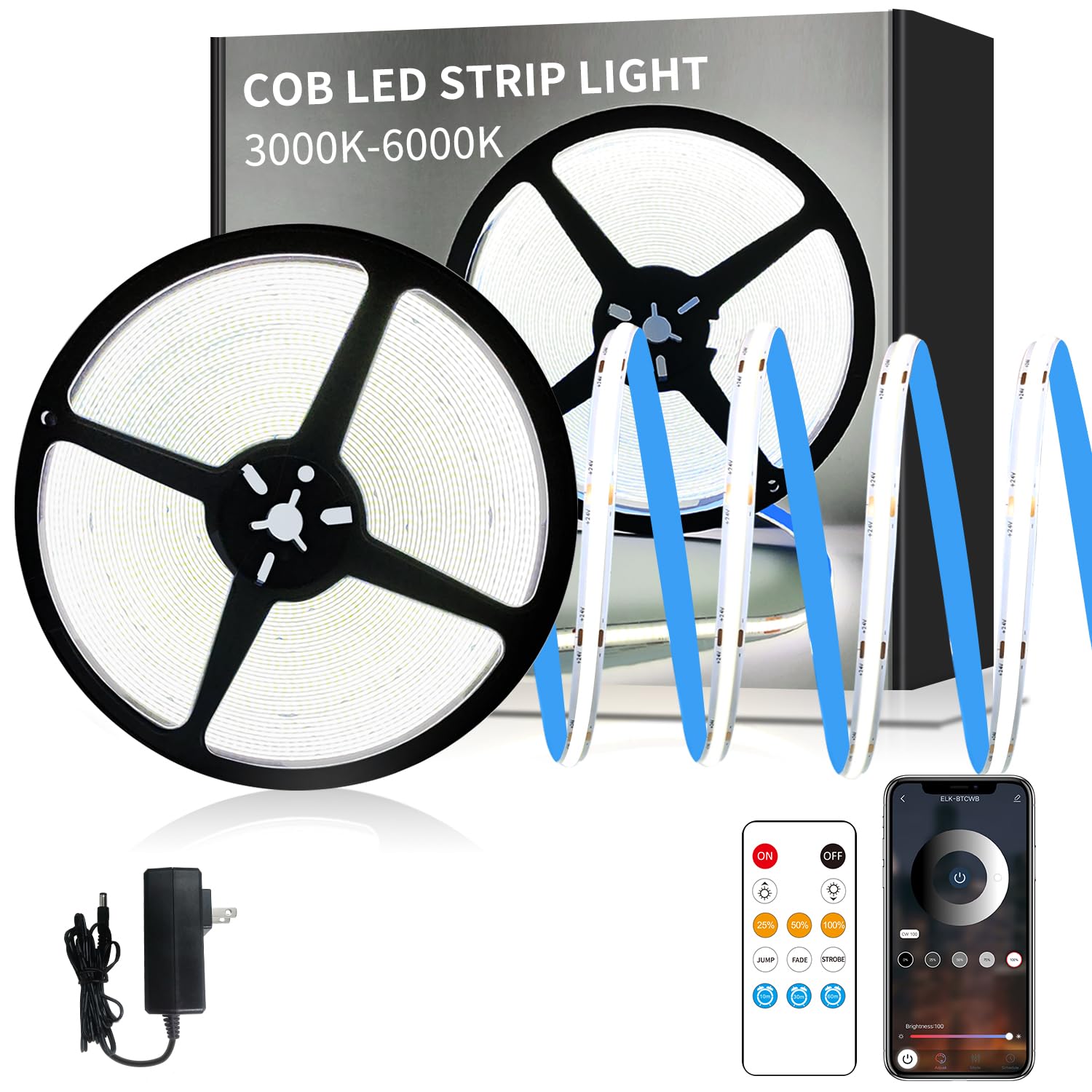 Yeewhale COB LED strip 50ft 6000K provides bright, uniform room lighting.