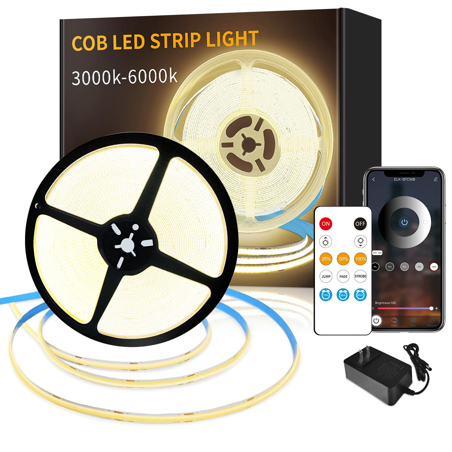 Yeewhale COB LED strip 65.6ft warm white delivering broad, even illumination.