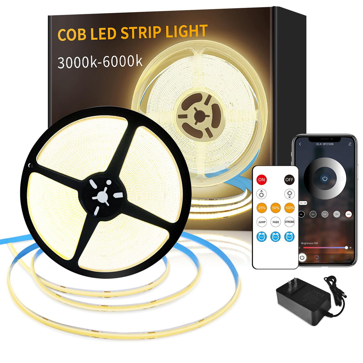 Yeewhale COB LED strip 65.6ft warm white delivering broad, even illumination.