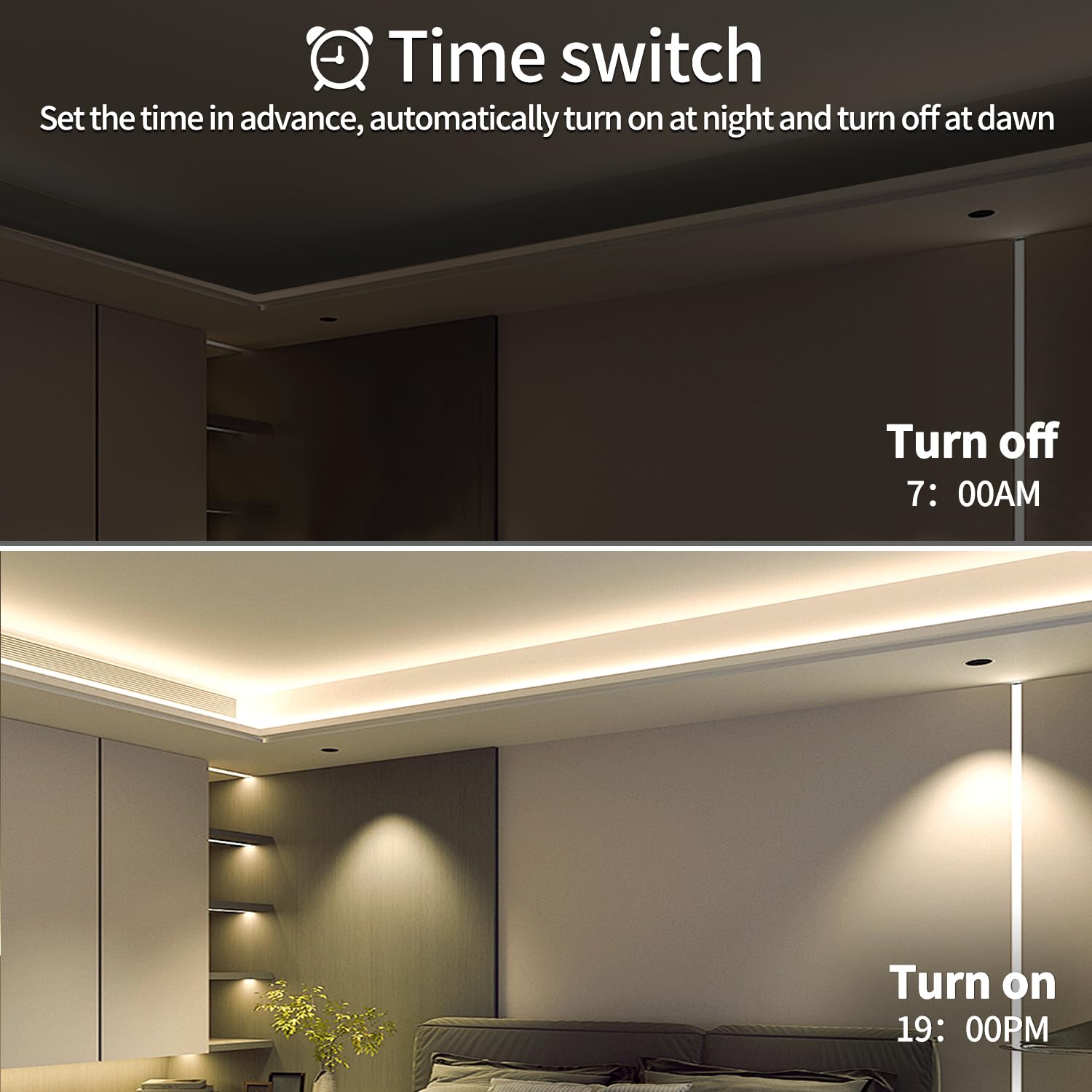 Yeewhale COB LED strip creating cozy room ambiance on shelves.