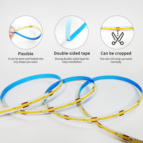 Yeewhale COB LED strip with strong adhesive for secure mounting.