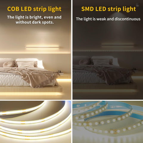 Yeewhale COB LED strip under-cabinet lighting in a kitchen setup.