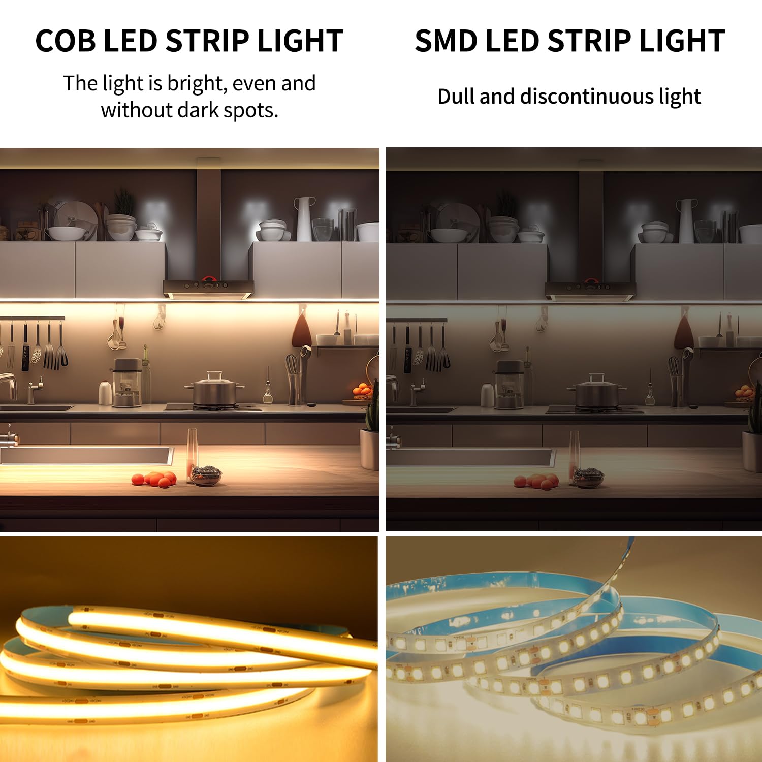 Yeewhale LED strip under cabinet lighting provides bright, consistent task lighting.
