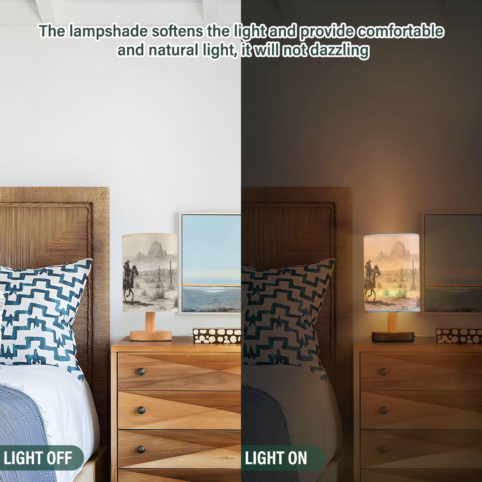 YEGAME Western Cowboy bedside lamp flaxen shade softens glare for comfortable reading.