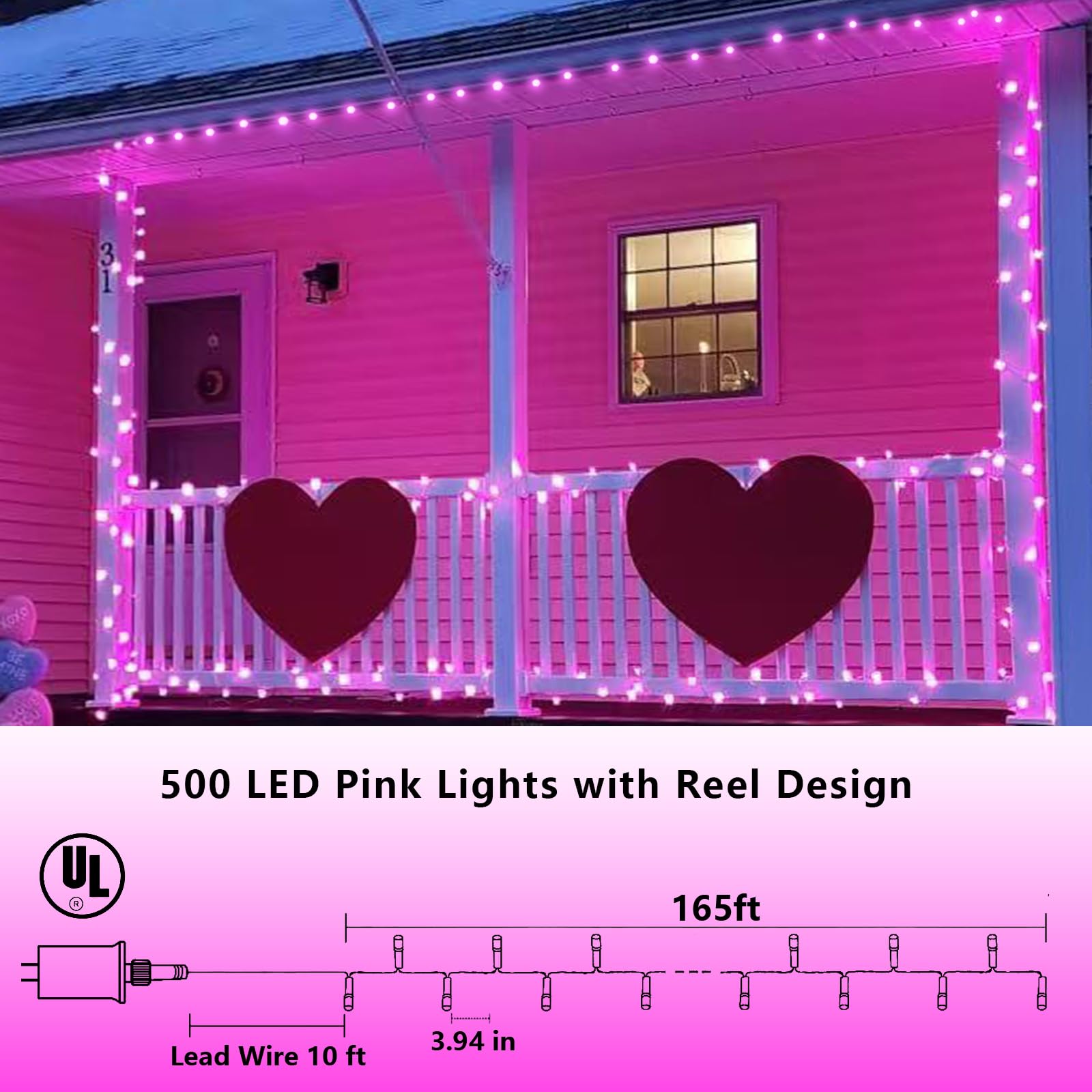 YEGUO clear-wire pink lights blend into foliage for subtle glow.