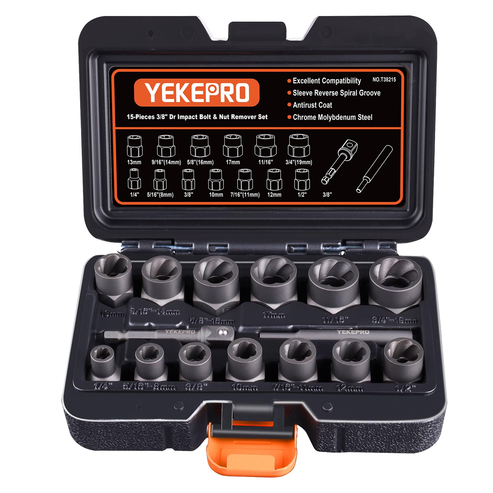 YEKEPRO 15-pcs bolt extractor set with 3/8 drive for stripping bolt removal