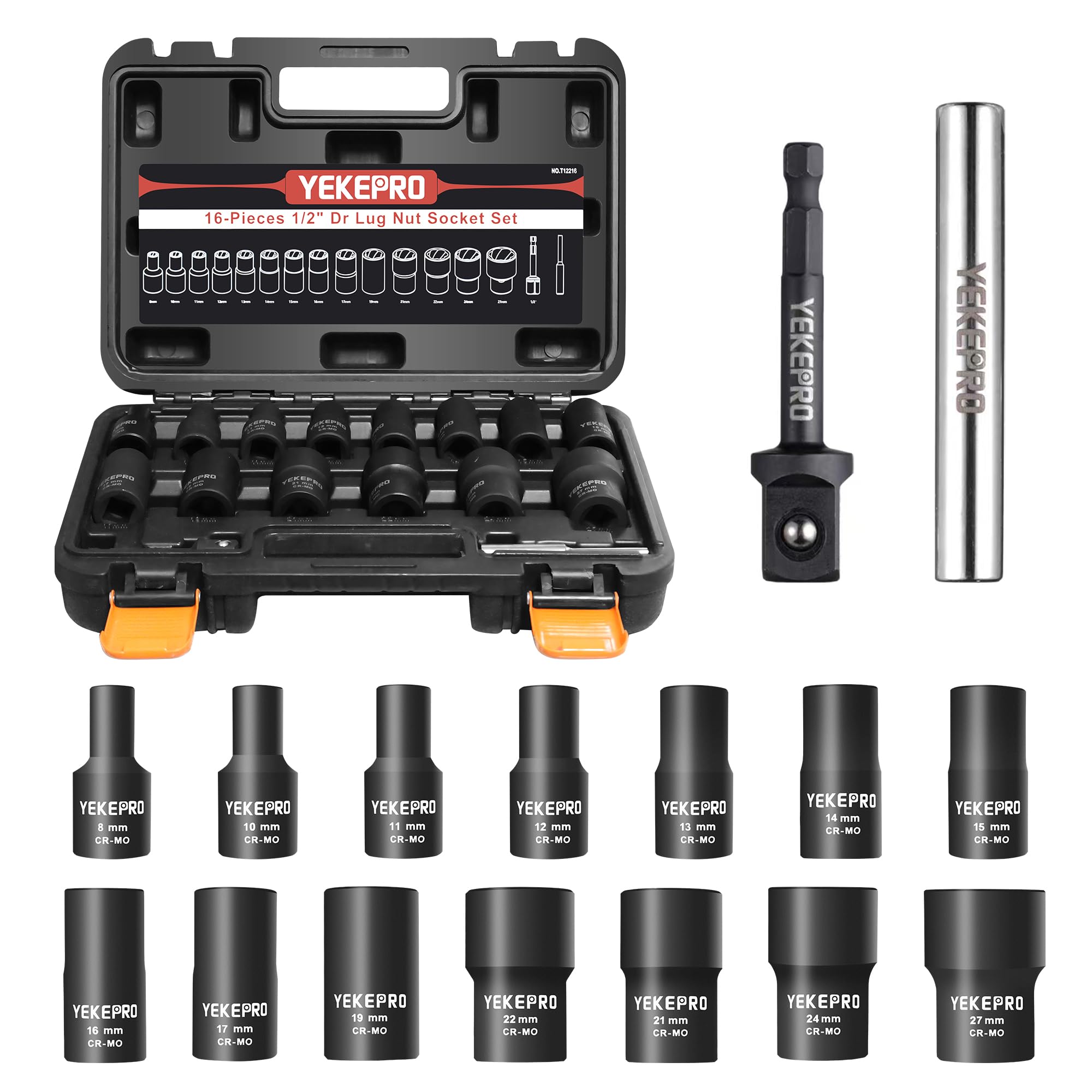 YEKEPRO 16pc bolt extractor set with 1/2 drive, ready to tackle damaged bolts.
