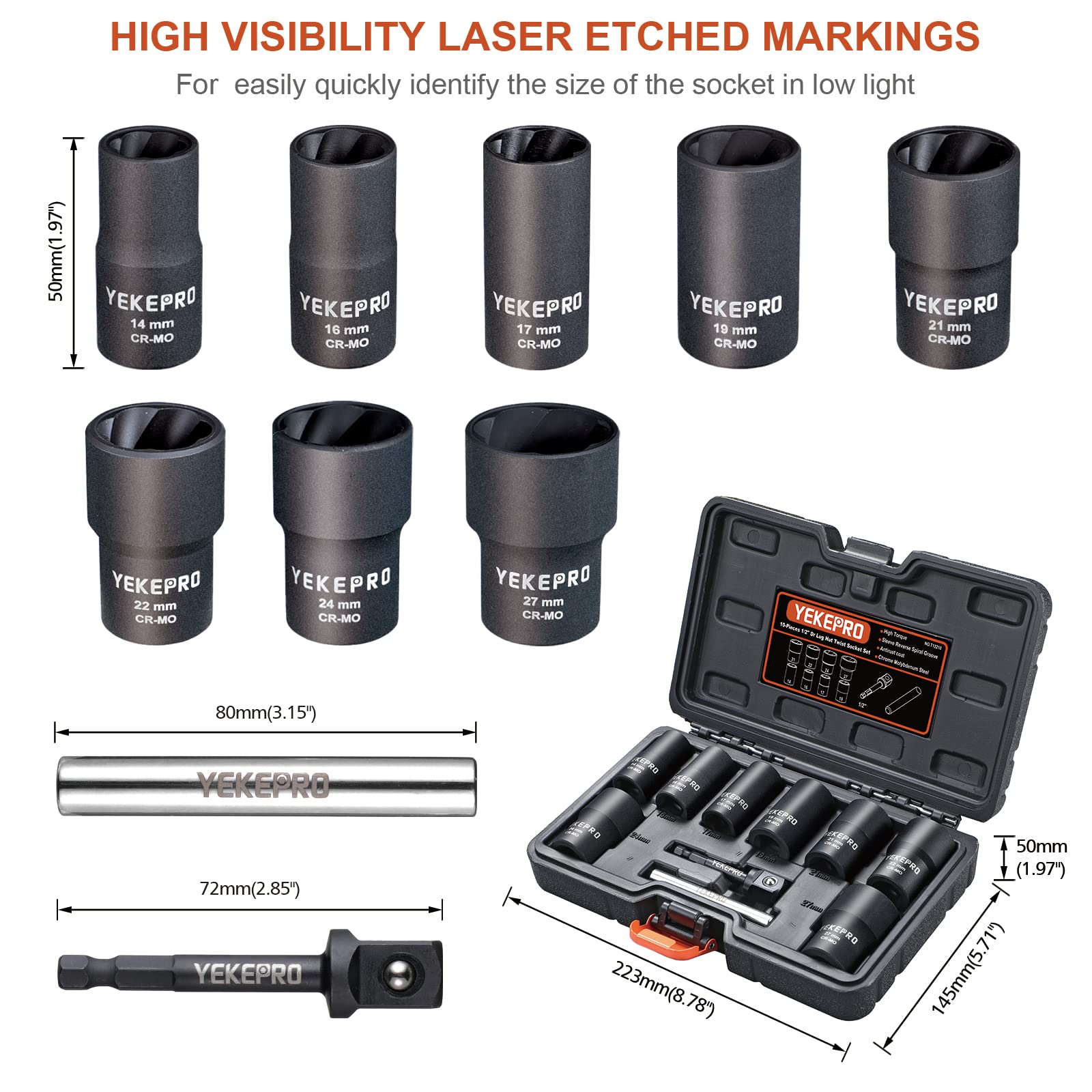 YEKEPRO extractor set showing tapered internal thread grips damaged nuts for easier loosening.