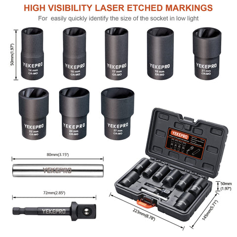 YEKEPRO extractor set showing tapered internal thread grips damaged nuts for easier loosening.