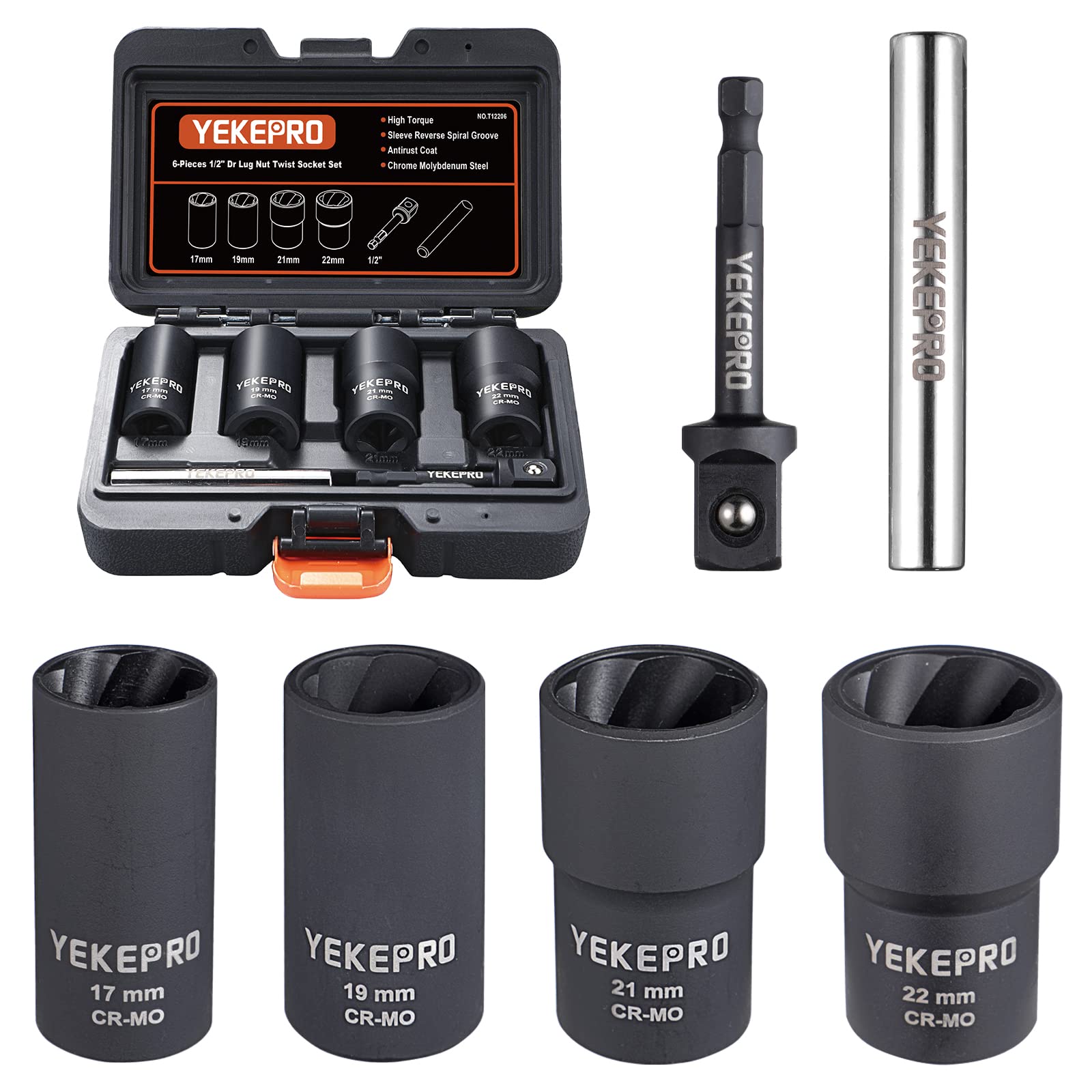 YEKEPRO lug nut removal kit laid out for versatile vehicle compatibility.