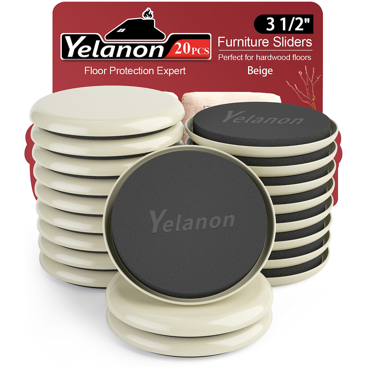 Yelanon furniture sliders pack shows 20-piece set for carpet protection and easy moves.