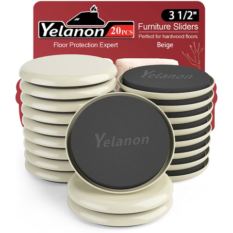 Yelanon furniture sliders pack shows 20-piece set for carpet protection and easy moves.
