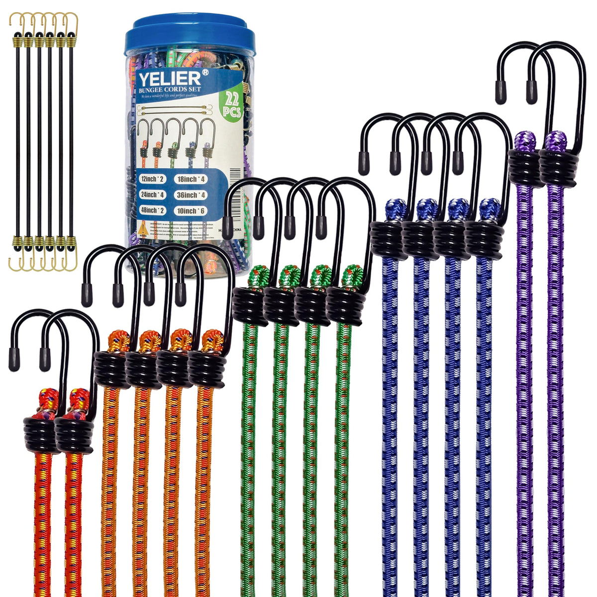 Yelier bungee cords kit open showing 22 pieces for versatile outdoor use.